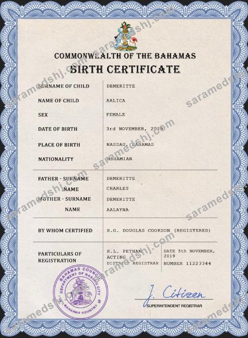 Bahamas vital record birth certificate PSD template